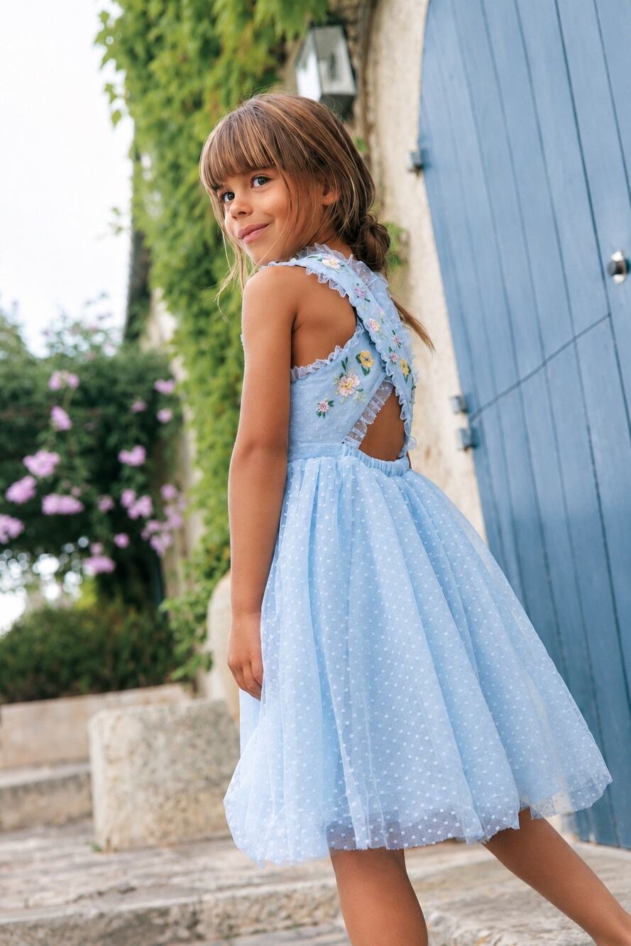 NEW Mini Boden Embroidered Swiss Dot Cross Back Dress Blue size 11-12 years
